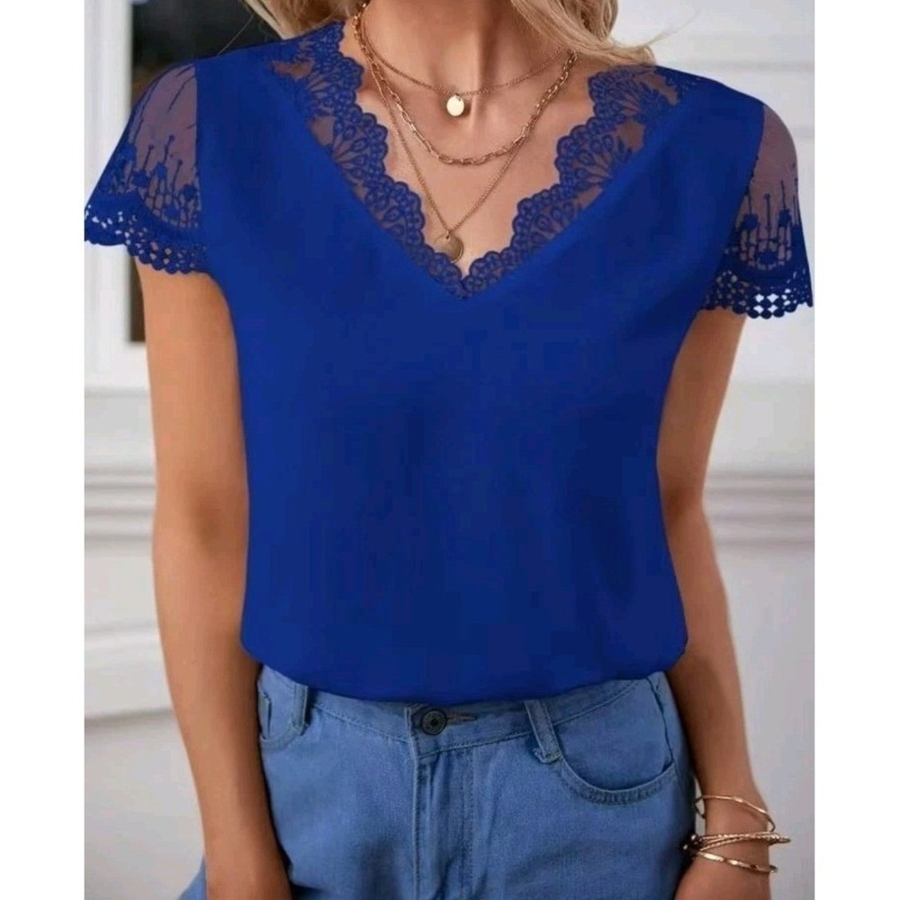 Shein Curve Royal Blue Lace Trim V-Neck Blouse Top 2XL JIT11572058